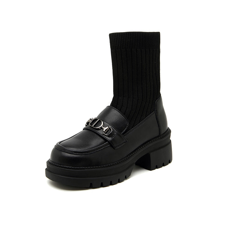 Increasing Insole Martin Female Autumn Chunky Socks Women's Leather Boots