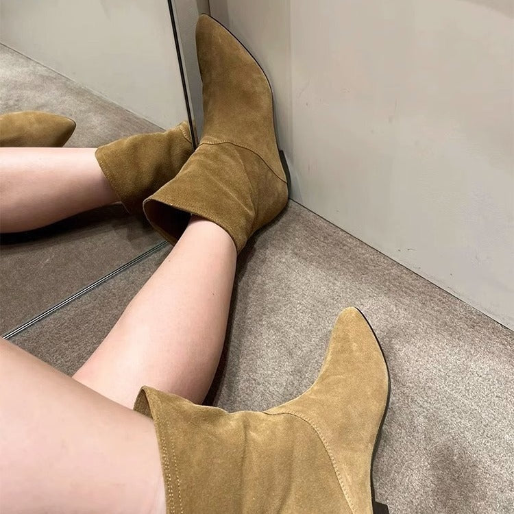 Women's Genuine Retro Oblique Wide Short Flat Pointed Western Cowboy Ankle Women's Leather Boots
