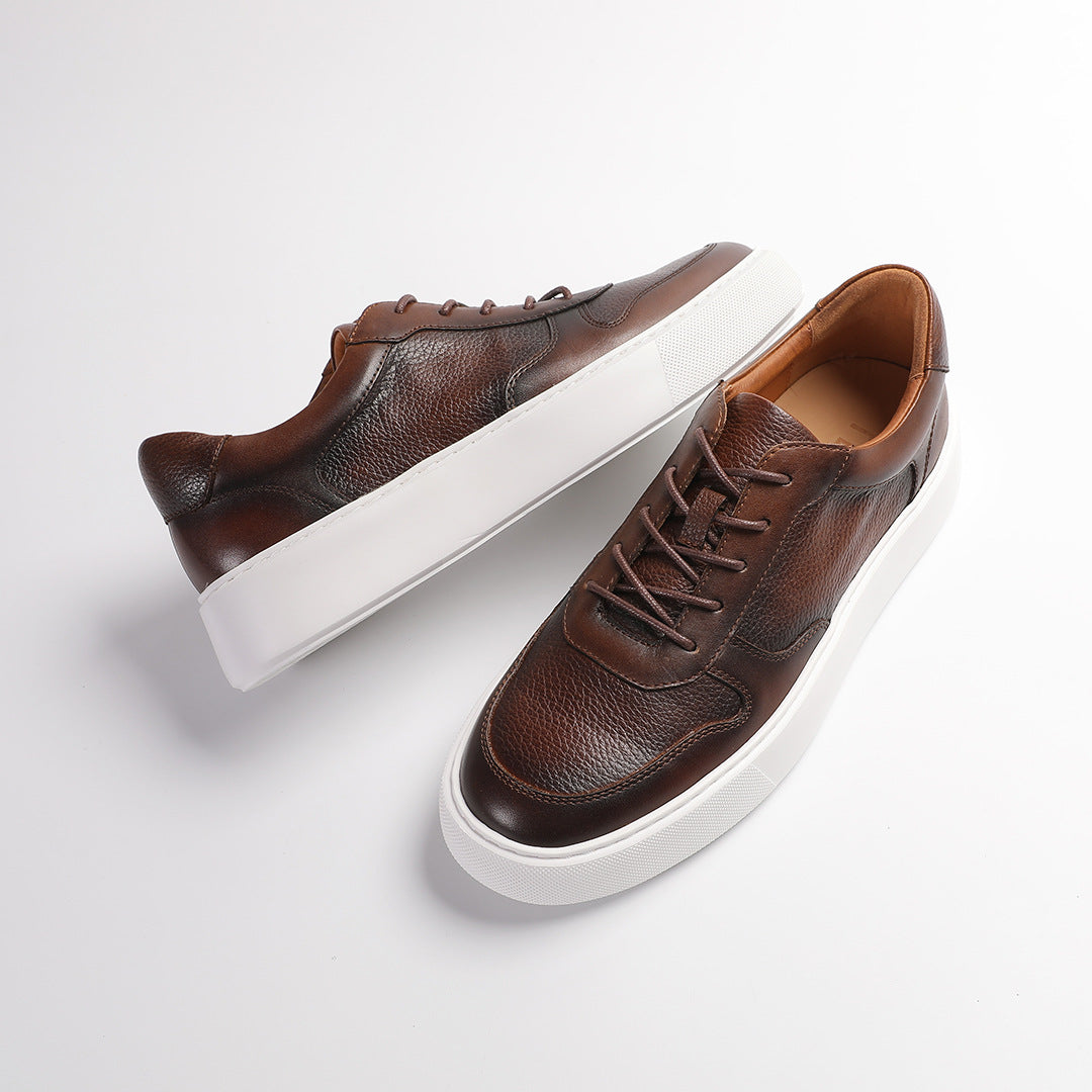 Men's Cowhide Lychee Pattern Plain Thick Bottom Retro Rub Colored Breathable Sneakers