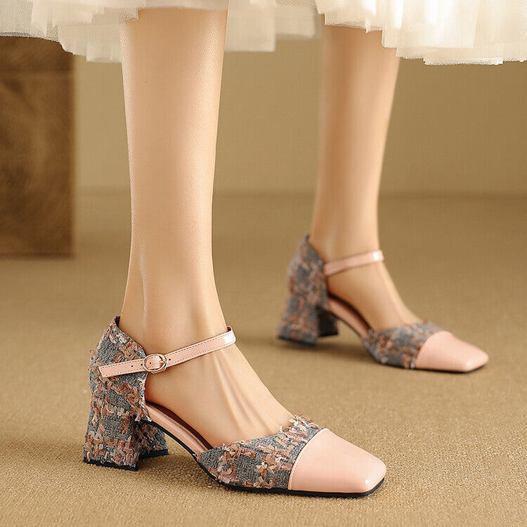 Women's Shallow Mouth Mary Jane Color Matching Square Toe Chunky Pumps High Heeled Sandals