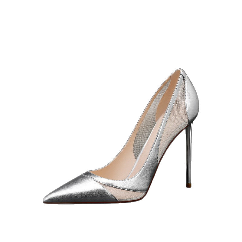 Women's Stitching Mesh Stiletto High Pointed Toe Low-cut Women's Fashion Shoes