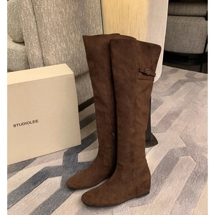 Insole Pointed Round Head Buckle Style Thin Bottom Over The Women's Leather Boots