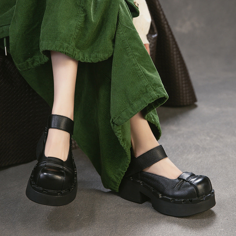 Women's Fashion Square Toe Mary Jane First Layer Cowhide Height Increasing Women's Casual Shoes
