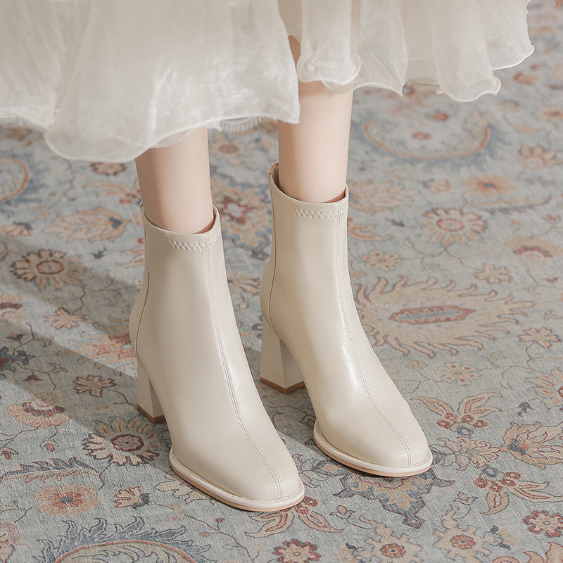 Women's Chunky Martin Simple Square Toe High Slimming Women's Leather Boots