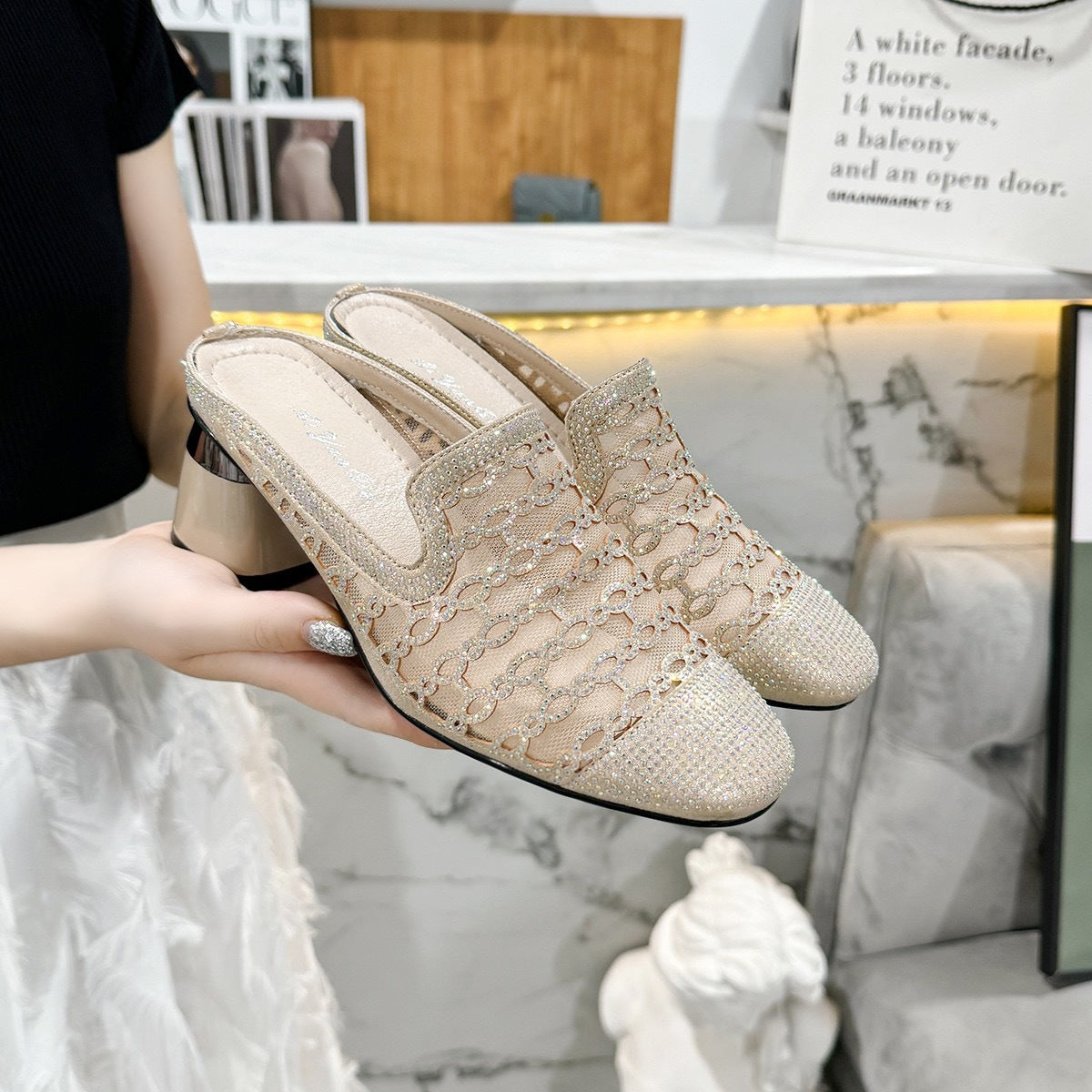 Women's Half Summer Fashion Outer Wear Mesh Genuine Hollow Mid Flat Slippers