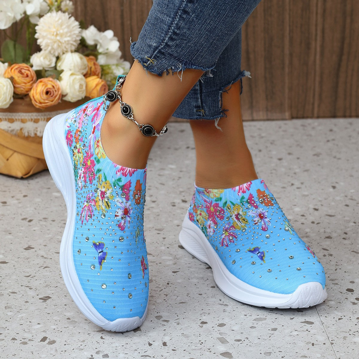 Women's & Men's Size Running Printed Flowers Rhinestone Slip-on Men's Shoes