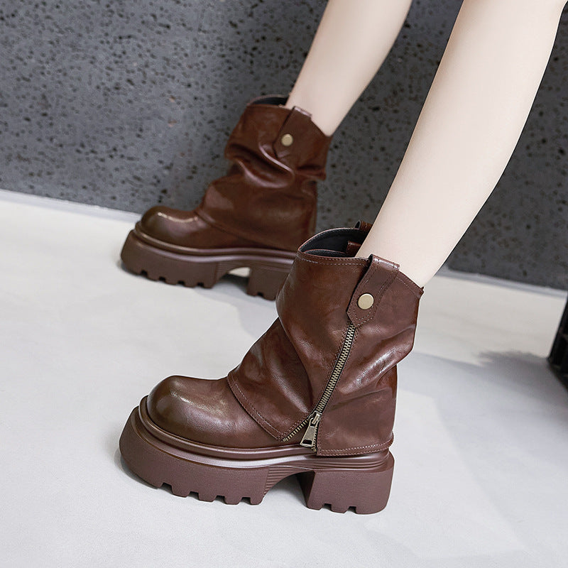 Women's Slip-on Mid Short Height Increasing Insole Women's Leather Boots