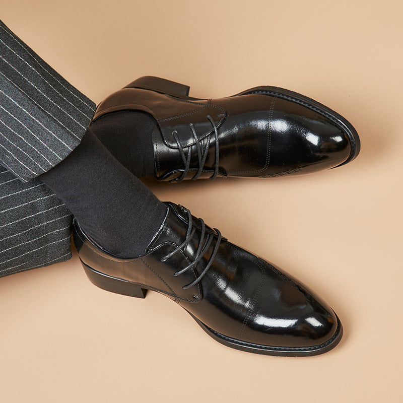 Men's Layer Cowhide Black Pointed Toe Business Leather Shoes