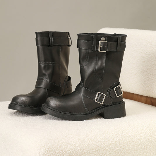 Women's Niche Retro Round Head Chunky For Buckle Heels
