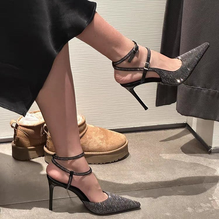 Women's Summer Pointed Toe Rhinestone Closed Buckle Stiletto Sexy High Heeled Sandals