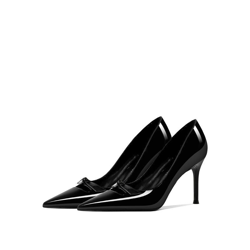 Women's Bow High Patent Pointed Stiletto Commuter Shallow Mouth Heels