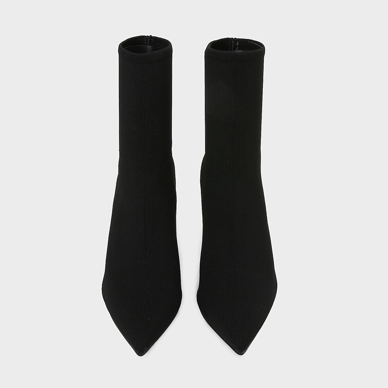 Women's Socks Autumn Black Fabric Stretch Pointed Stiletto Women's Leather Boots