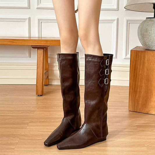 Women's Height Increasing Insole Pointed Detachable Long Tube Knee-high Brown Boots