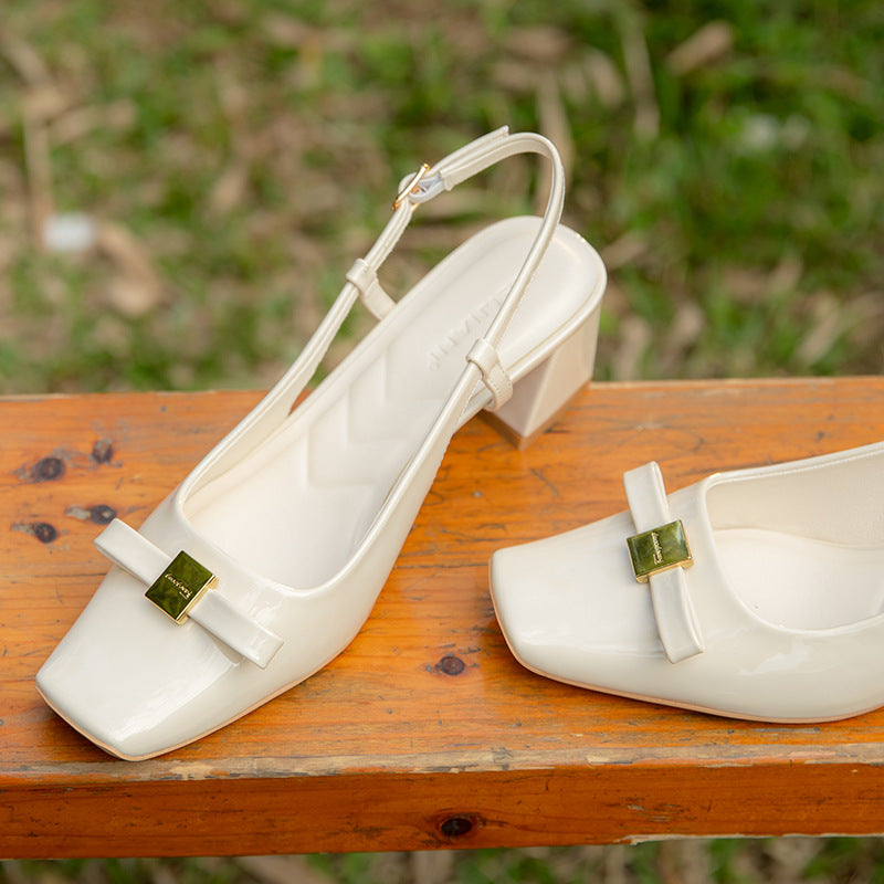 Women's Bow Shallow Mouth Slingback Mid Chunky Women's Shoes