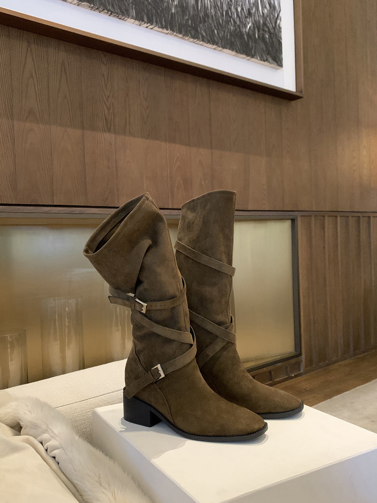Women's Mom High Pile Style Cross Buckle Strap Tube Knee-high Knight Boots