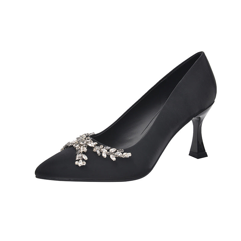 Women's French Style Temperament Rhinestone Black Professional Women's Shoes