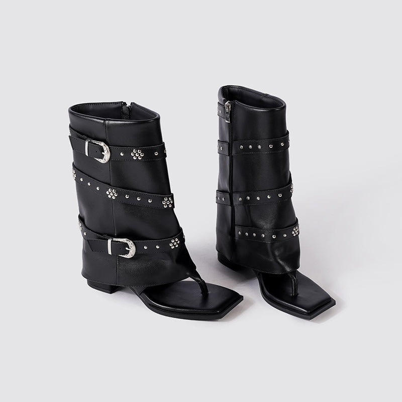 Women's Punk Black Rivet Flip-flops Summer Retro Buckle Women's Shoes