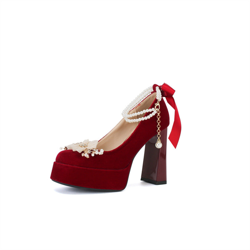 Women's Bride Dress Toasting Red Pearl Decoration Waterproof Heels