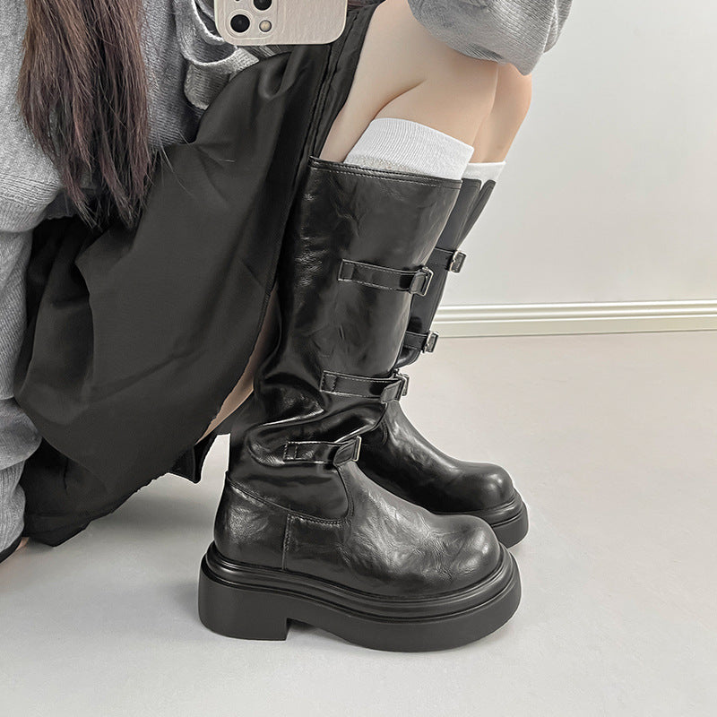 Retro Round Toe Belt Buckle Slimming Tall Knight Thick Bottom Women's Leather Boots