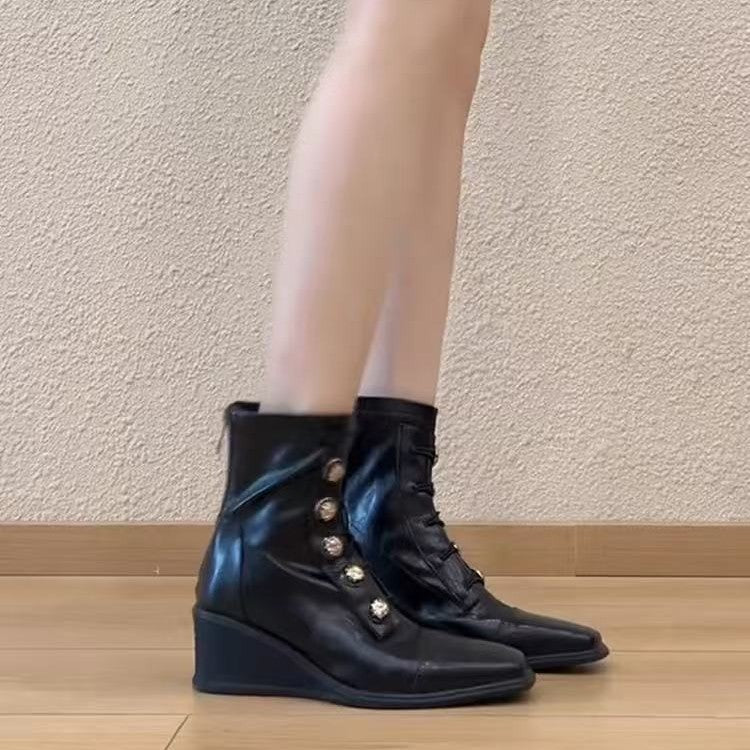 Handmade Mid French Style Retro Patchwork Square Women's Leather Boots