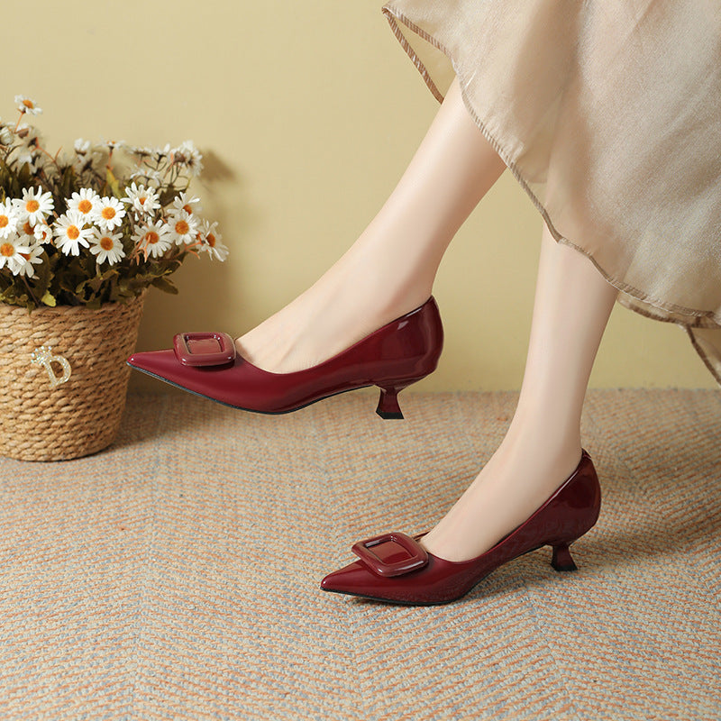 Women's Patent High Square Buckle Low-cut Elegant Pointed Heels