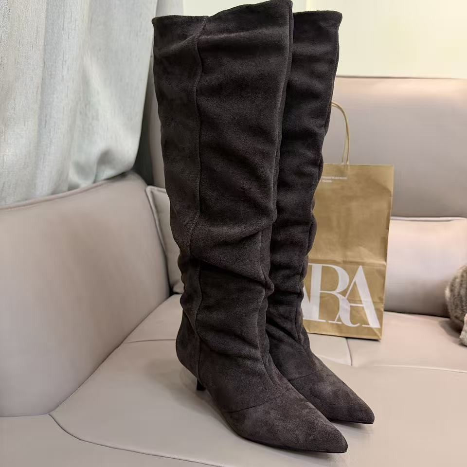 Women's Pointed Toe Pleated Cow Suede Pile Style High Cat Below Heels