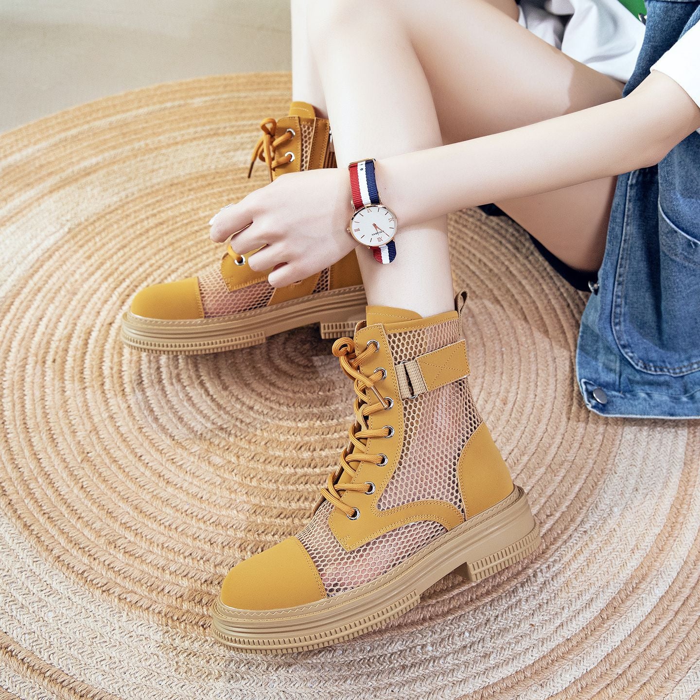 Women's Summer Martin Breathable Thin Thick Bottom Hollow Booties Mesh Women's Leather Boots