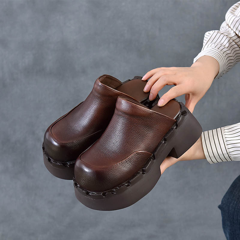 With First Layer Of Cowhide Retro Platform For Outer Thick-soles Slippers