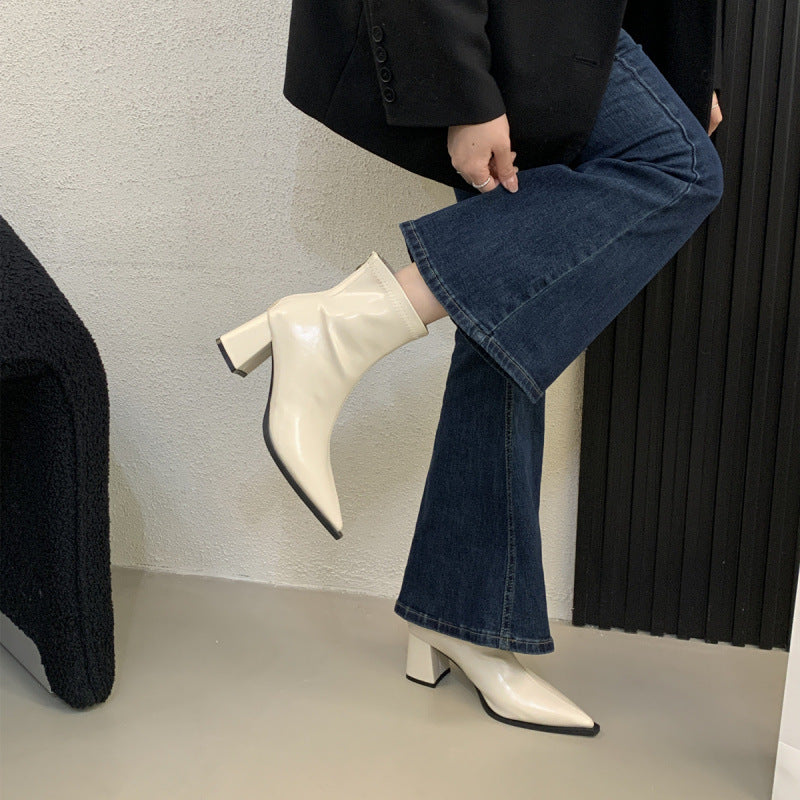 Toe Chunky Booties Female Style Niche High Women's Leather Boots