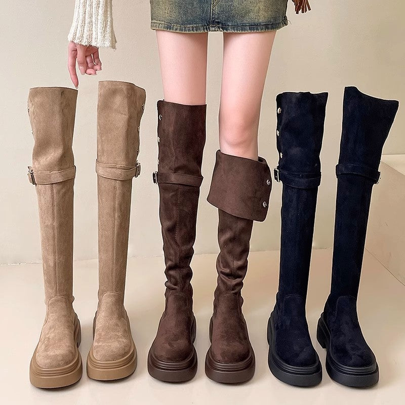 Women's Fashion Tribe Two Wear Fold Thick Bottom Chunky Women's Leather Boots