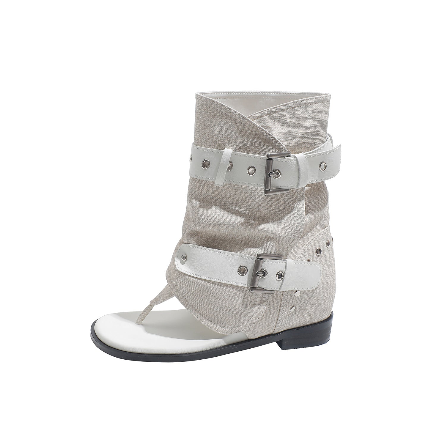 Women's Short Tube Denim Belt Buckle Hollow Toe Pants Summer Height Sandals