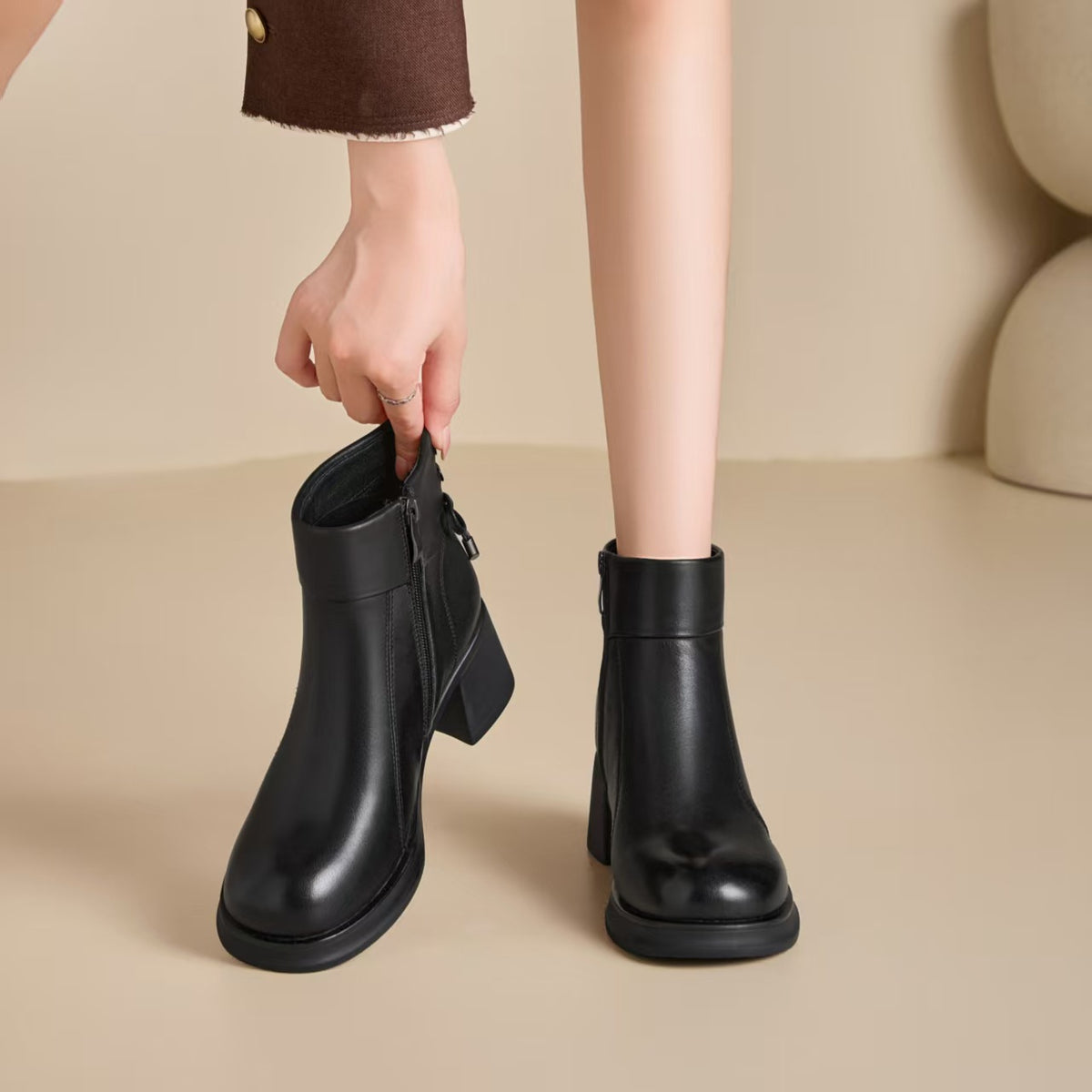 Women's Chunky Booties Martin Round Head High Women's Leather Boots