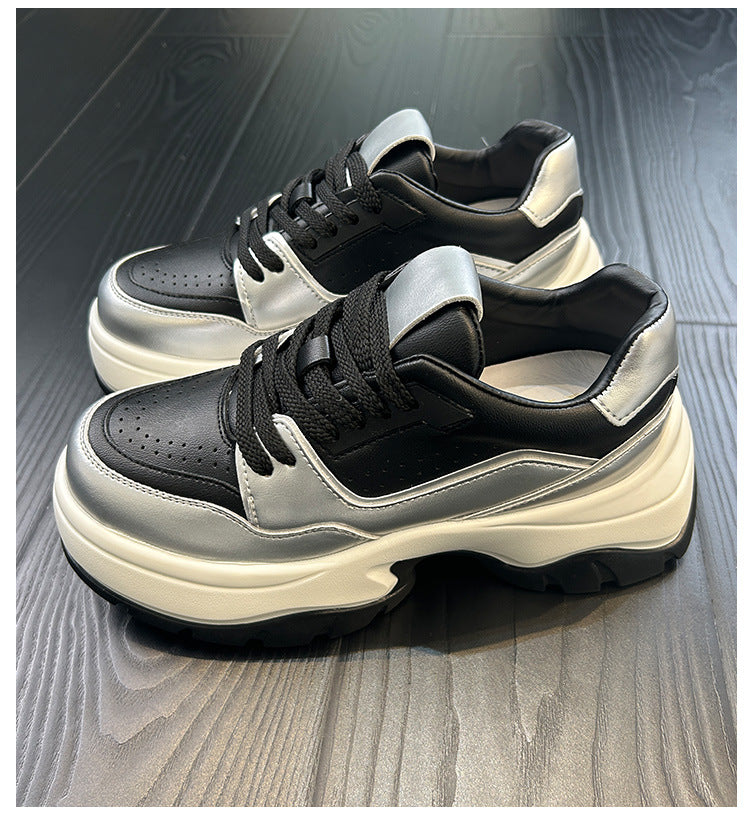 Women's Platform White Lace Up Increased Versatile Leather Shoes
