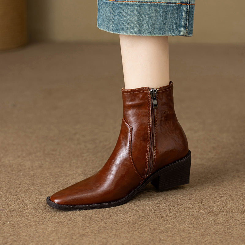Women's Washed Cowhide Super Comfortable Short Thick Thin Square Toe Boots