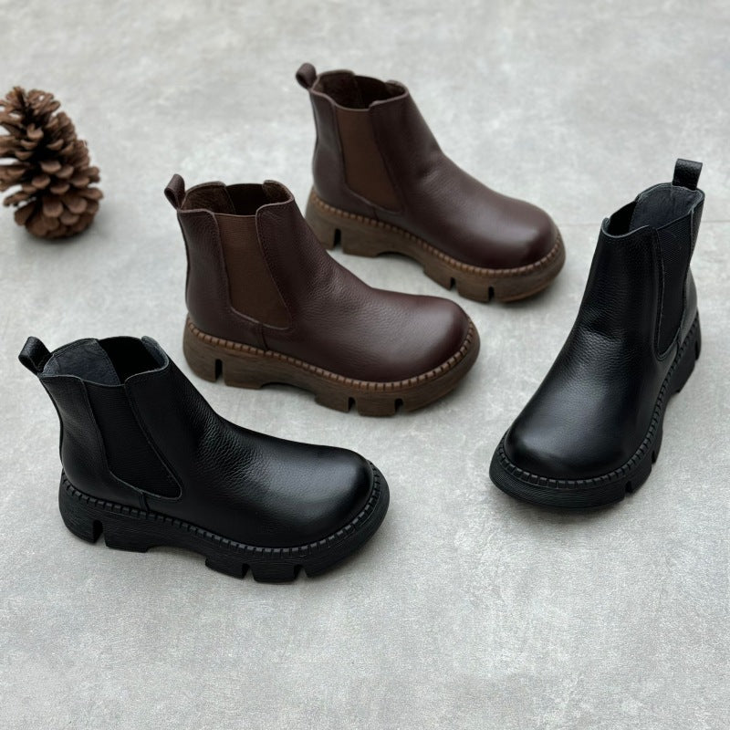 Women's Short Round Toe Muffin Bottom Slip-on Cowhide Women's Leather Boots