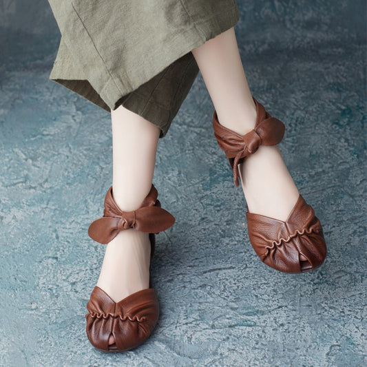 Retro Style Cowhide Twisted Flower Open Flat Sandals