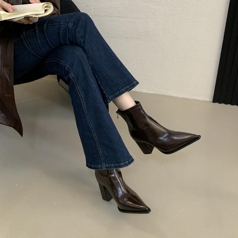 Toe Chunky Booties Female Style Niche High Women's Leather Boots