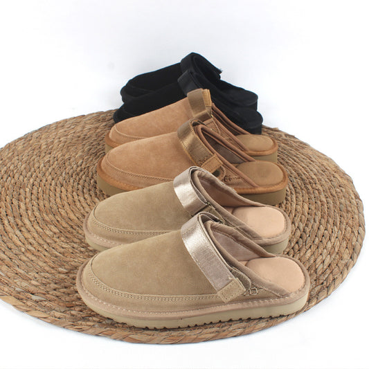 Cowhide Male Female Large Size Drawstring Flat Slippers