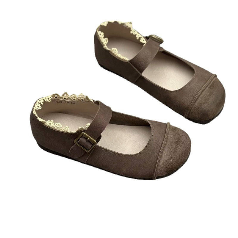 Women's Artistic Genuine Nude Vintage Round Toe Lace Buckle Flat Bottom Women's Casual Shoes