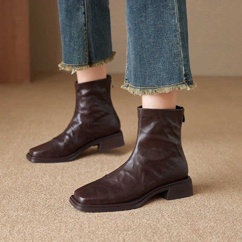 Women's Cowhide Square Toe Booties Fashion Vintage Crumpled Rear Zipper Martin Boots