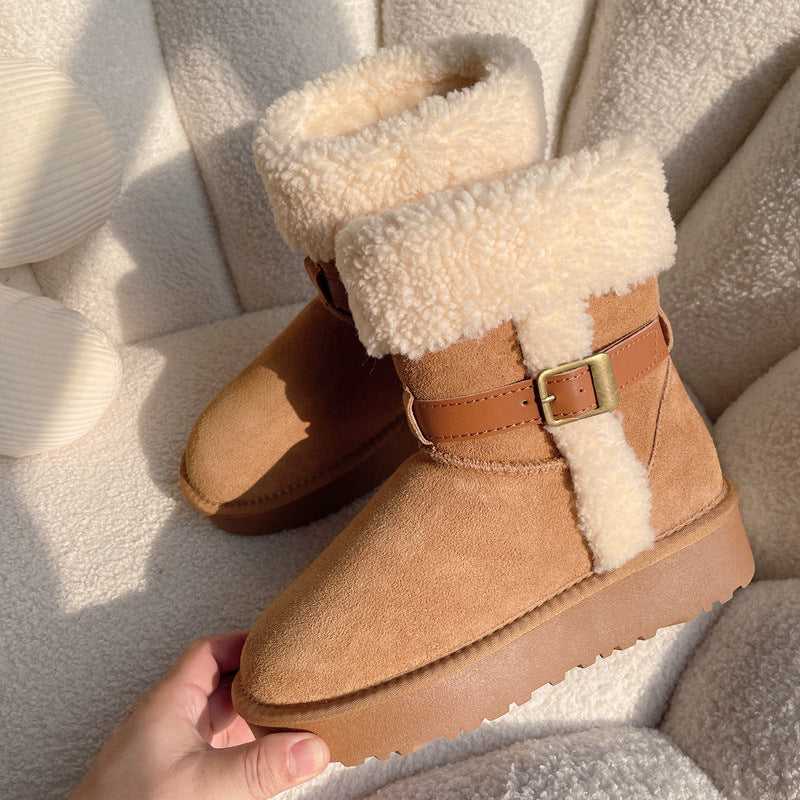 Winter Thick Bottom Increased Knight Belt Buckle Roll Wool Boots