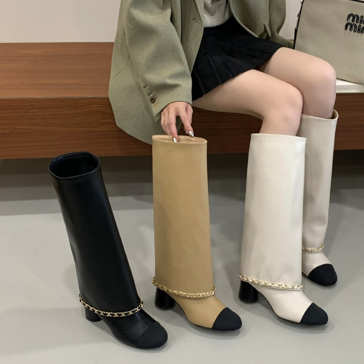 Apricot Black Stitching Chunky Pants Female Autumn Knight Below The Women's Leather Boots