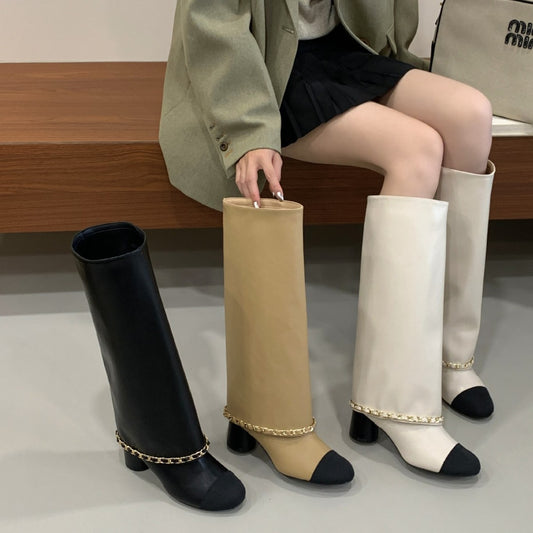 Apricot Black Stitching Chunky Pants Female Autumn Knight Below The Women's Leather Boots