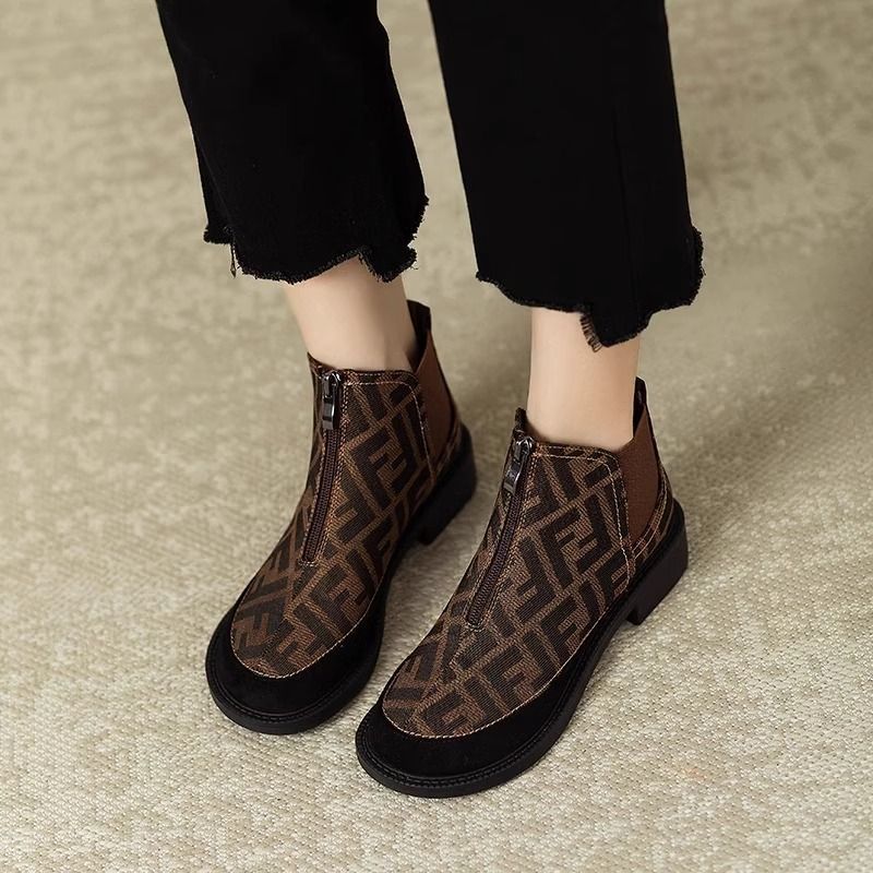 Women's Fashion Short Low Martin Flat Front Zipper Round Boots