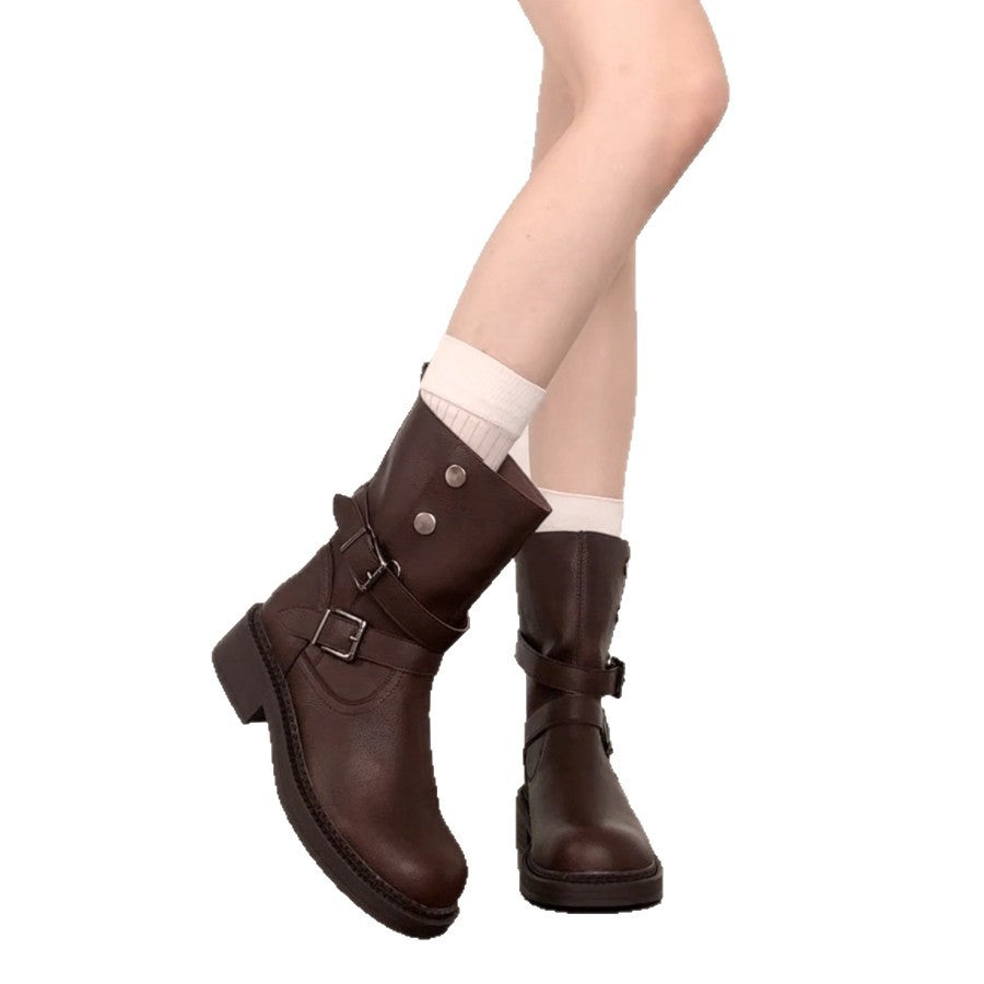 Sheepskin Version Retro British Style Square Toe Belt Buckle Chunky Boots