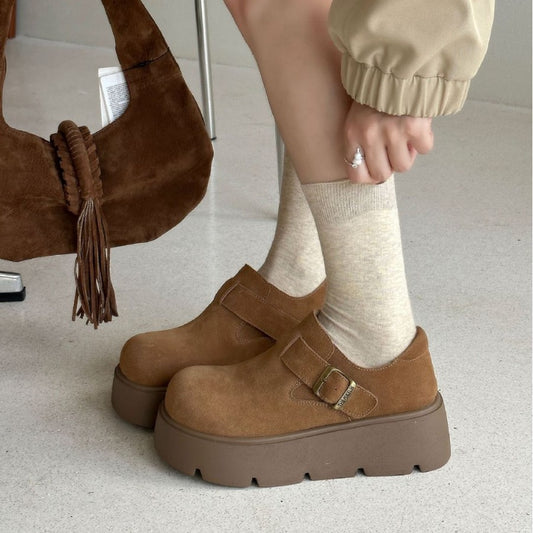 Women's Cowhide Platform Round Head Small Muffin Bottom Increased Women's Casual Shoes
