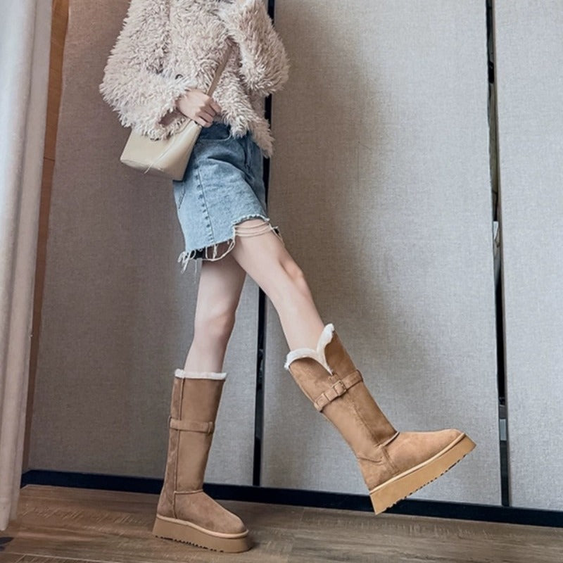 Women's Knee-high Thick-soled Cowhide Wool Belt Buckle Snow Boots