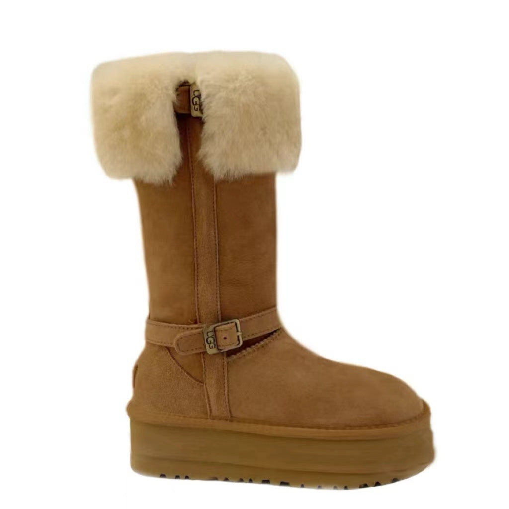 Women's Winter Sheepskin Fur Knight Motorcycle Long Fleece-lined Warm Snow Boots