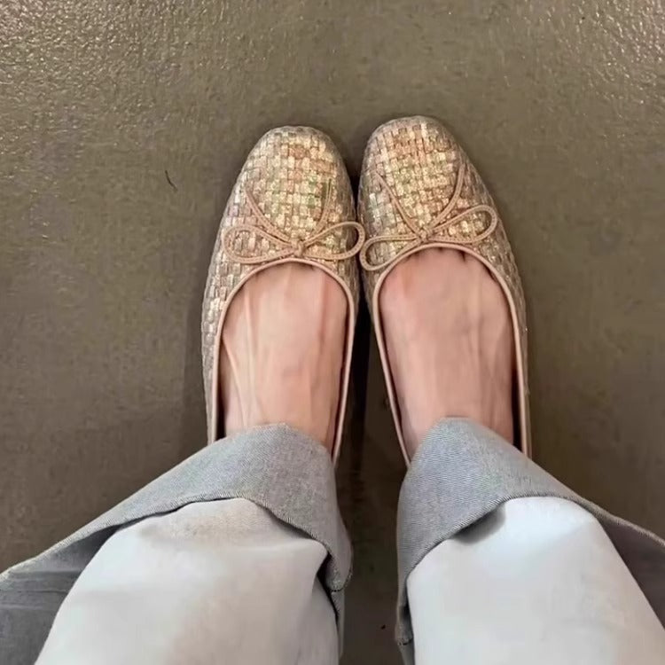 Woven Bow Flat Ballet Summer Temperament Soft Slippers