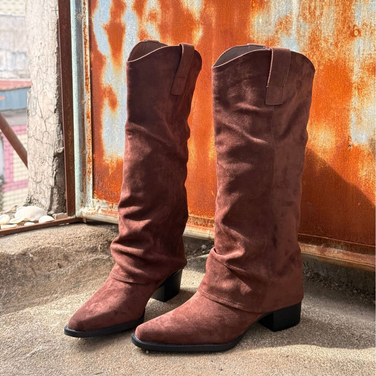 Women's High Pointed Toe Long Suede Pantyhose Pile Style Thick Women's Leather Boots